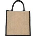 A jute tote bag with black handles and edges.