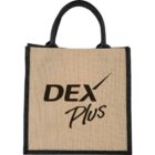 Beige and black tote bag with DEX Plus written on the front.