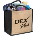 Canvas tote bag with DEX Plus filled with various items, including sunglasses and a newspaper.