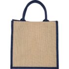 A beige jute tote bag with dark blue handles and trim.