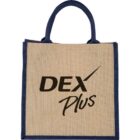 Jute tote bag with navy handles featuring DEX Plus logo.