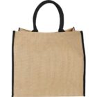 A plain burlap tote bag with black handles and trim.