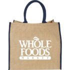 Beige reusable jute bag with Whole Foods Market logo in white.
