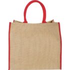 Beige tote bag with red handles and red trim.