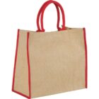 Beige jute tote bag with red handles and edges.
