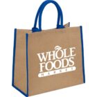 Beige and blue Whole Foods Market reusable tote bag.