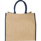 Beige jute tote bag with dark blue handles and trim.