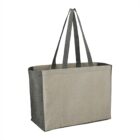 A large, gray and beige tote bag with long handles and a rectangular shape.