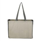 Beige and gray tote bag with long handles, facing front.