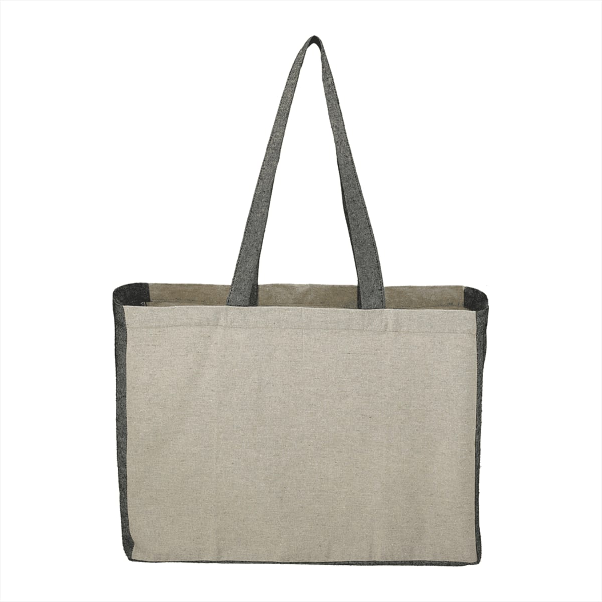 Beige and gray tote bag with long handles, facing front.
