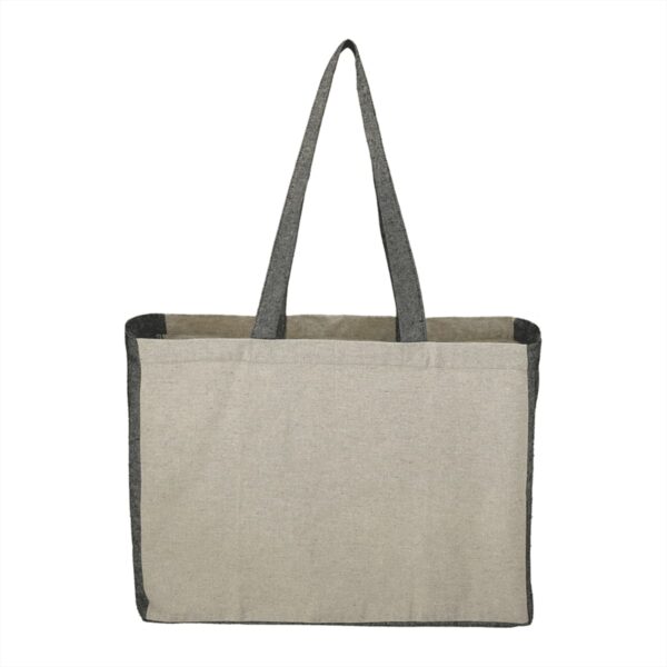 Beige tote bag with long gray straps and a front pocket.