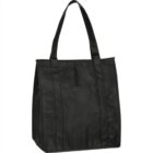 Black reusable tote bag with long handles on a white background.