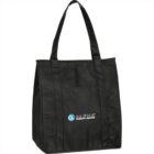 Black reusable tote bag with Alpha logo on the front, featuring two handles.