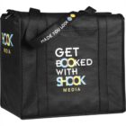Black tote bag with Get Booked with Shook Media and Made You Look on the straps.