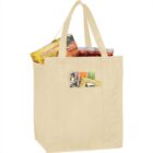 Beige tote bag with food items, including Lunchables and jars, visible inside.