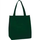 A plain dark green tote bag with two handles, standing upright.