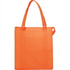 Orange reusable tote bag with long handles on a white background.