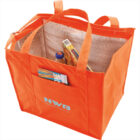 Orange insulated tote bag with groceries and a front pocket.