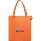 Orange tote bag with DSM logo, featuring blue, green, and yellow swirls.