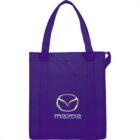 Purple tote bag with Mazda logo and handles.