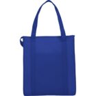 A blue tote bag with two handles against a white background.