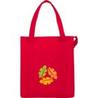 Red tote bag with green, yellow, and orange leaf design in the center.