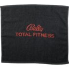 Black towel with Bally Total Fitness in red lettering.