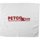 White towel with red PETCO.COM logo and text: Where the pets go online.