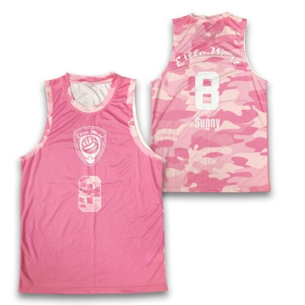Ladies Sublimated Singlets in pink with number 8 and Elite Work logo, front and back shown.