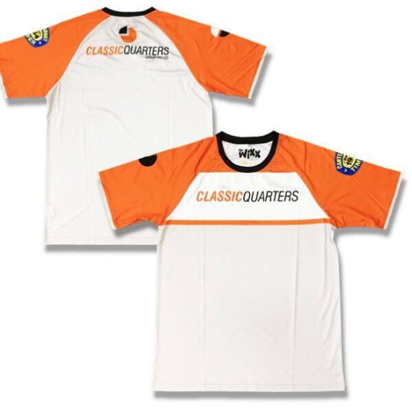 White and orange Men’s Sublimated Tee Shirt with CLASSIC QUARTERS on front and back.