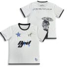 Men’s Sublimated Tee Shirt in white with black accents, blue stars, and umbrella graphic.