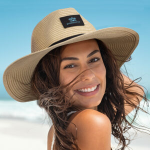 Image of lady wearing a promotional straw hat