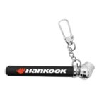 Black Hankook tire pressure gauge keychain with metal clip and angled nozzle.