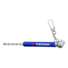 Blue Yokohama tire gauge keychain with extended measuring stick and metal clip.