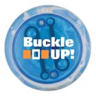 Blue yo-yo with the words Buckle UP! printed on it in bold white and orange text.