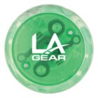 Green yo-yo with clear edges and LA GEAR logo printed in white on the front.