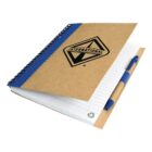 Spiral notebook with brown cover, blue pen, and lined pages, featuring a logo.