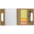 Open spiral notebook with sticky notes and a pen on a brown folder with handles.