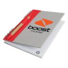 Spiral notebook with pen, Boost Mobile logo, and recycled paper symbol.