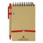 Brown recycled notebook with red pen attached by an elastic band.