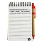 Lined spiral notepad with red pen, text discussing starting a book with a basic concept.