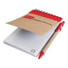 Brown spiral notebook with red pen attached, open to lined paper.
