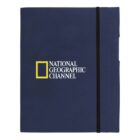 Dark blue National Geographic Channel folder with black elastic band.