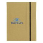 A beige notebook with Pacific Life logo and black elastic band.