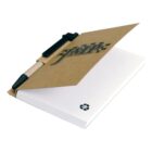 A small notepad with a brown cardboard cover and a black clip holding a pen. The cover has a printed design, and the pages are white with a recycling symbol on the bottom. The pen has a black cap and tip.