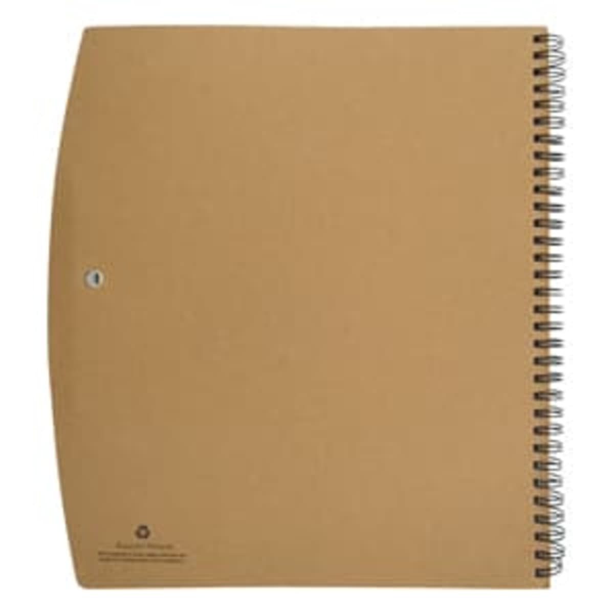 A brown spiral notebook with a plain cover and a small recycling symbol in the corner.