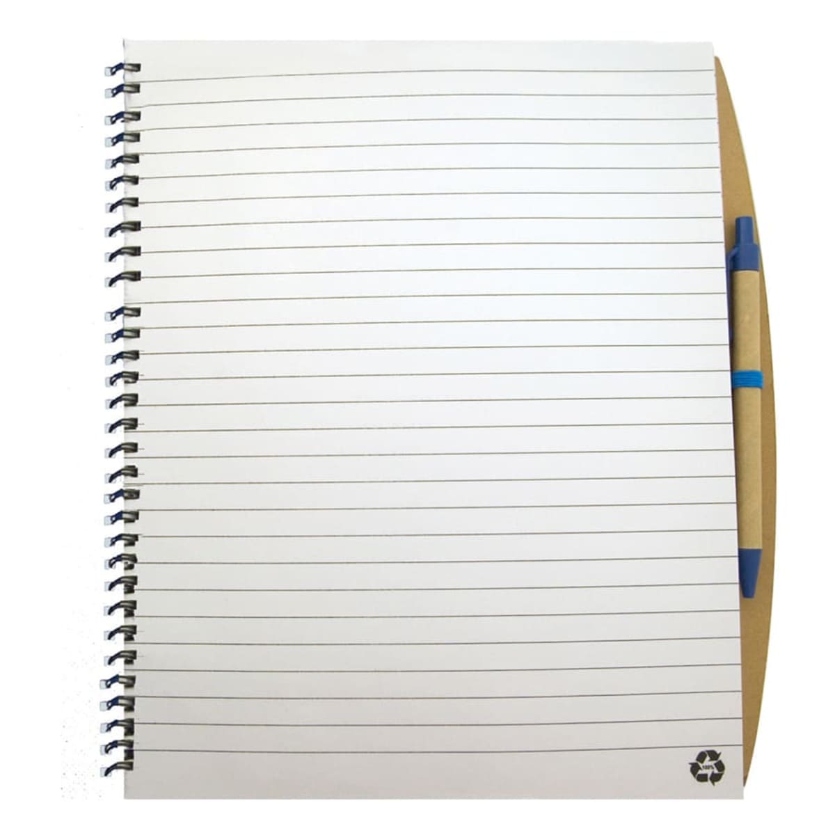 Spiral notebook with lined pages and a pen tucked inside.