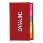 Red notebook with colorful page markers on the side.