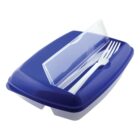 Blue covered food container with a transparent lid holding a white fork and knife inside.