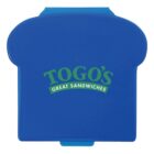 Blue sandwich container with Togos Great Sandwiches logo printed on it.
